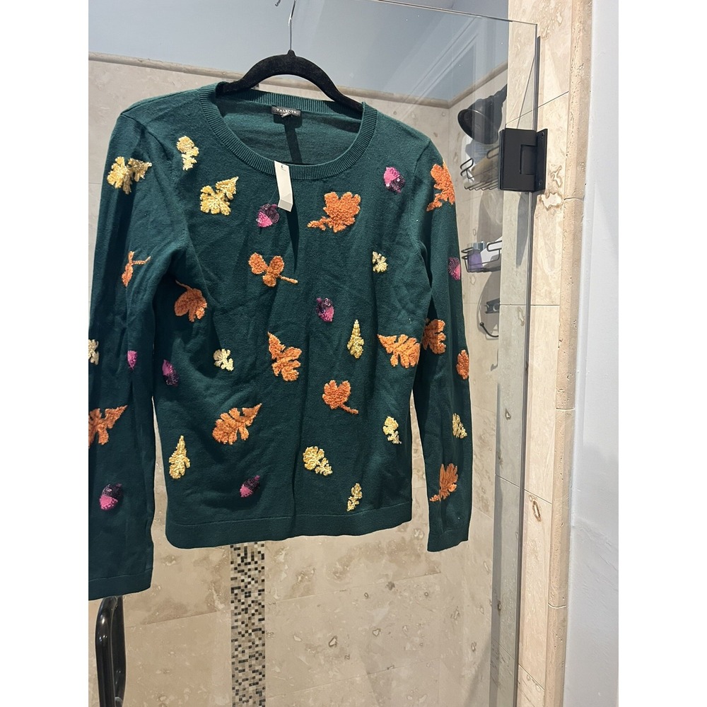 Talbots Sweater Womens S Emerald Green Knit Fall leaves Sequins Crew New Nwt